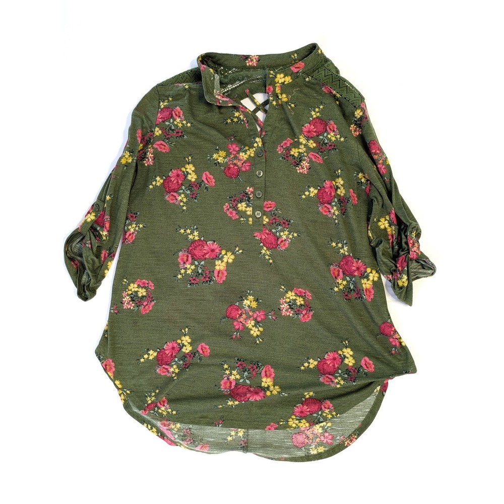 No Boundaries Olive Green Floral Henley Top Roll Tab Sleeve Lattice Back XXL 19